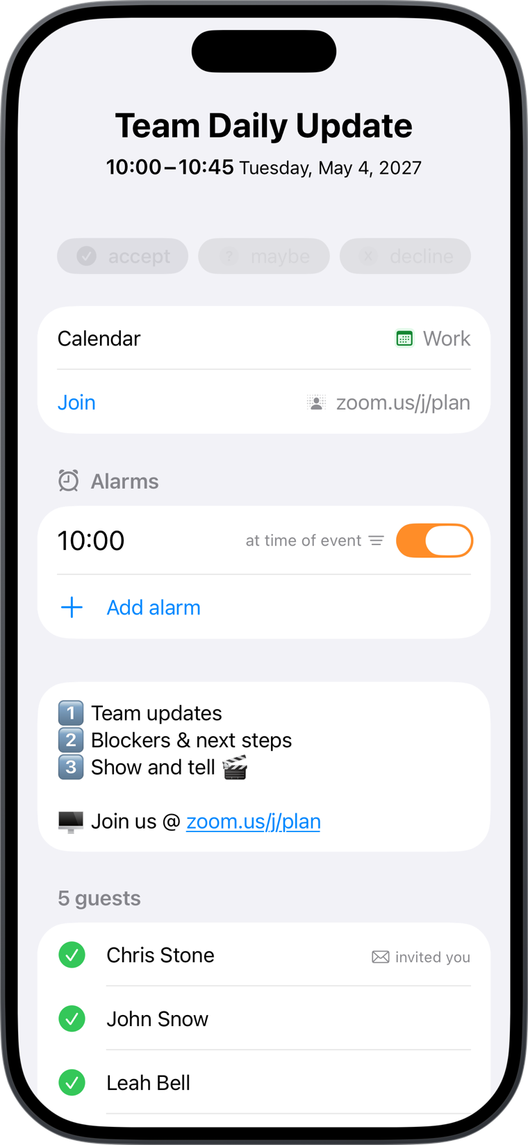 Adding an alarm to a calendar event in Today Planned