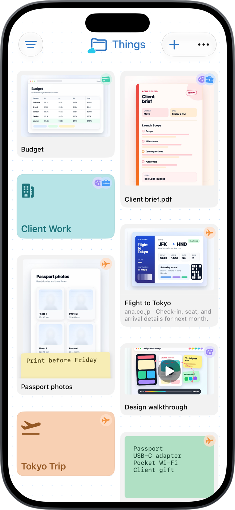 Today Planned Things view with saved notes, files, and plans