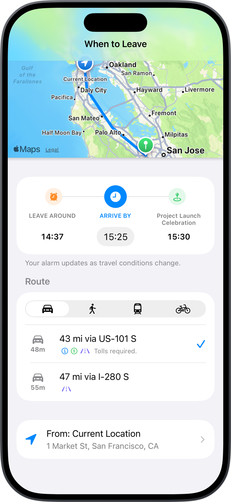 A When to Leave alarm updating from current travel conditions