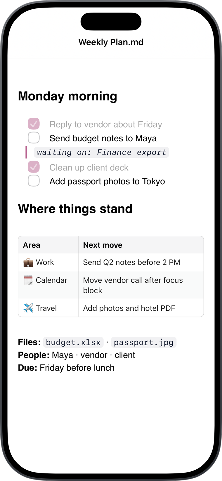 A Markdown note open in Today Planned Things