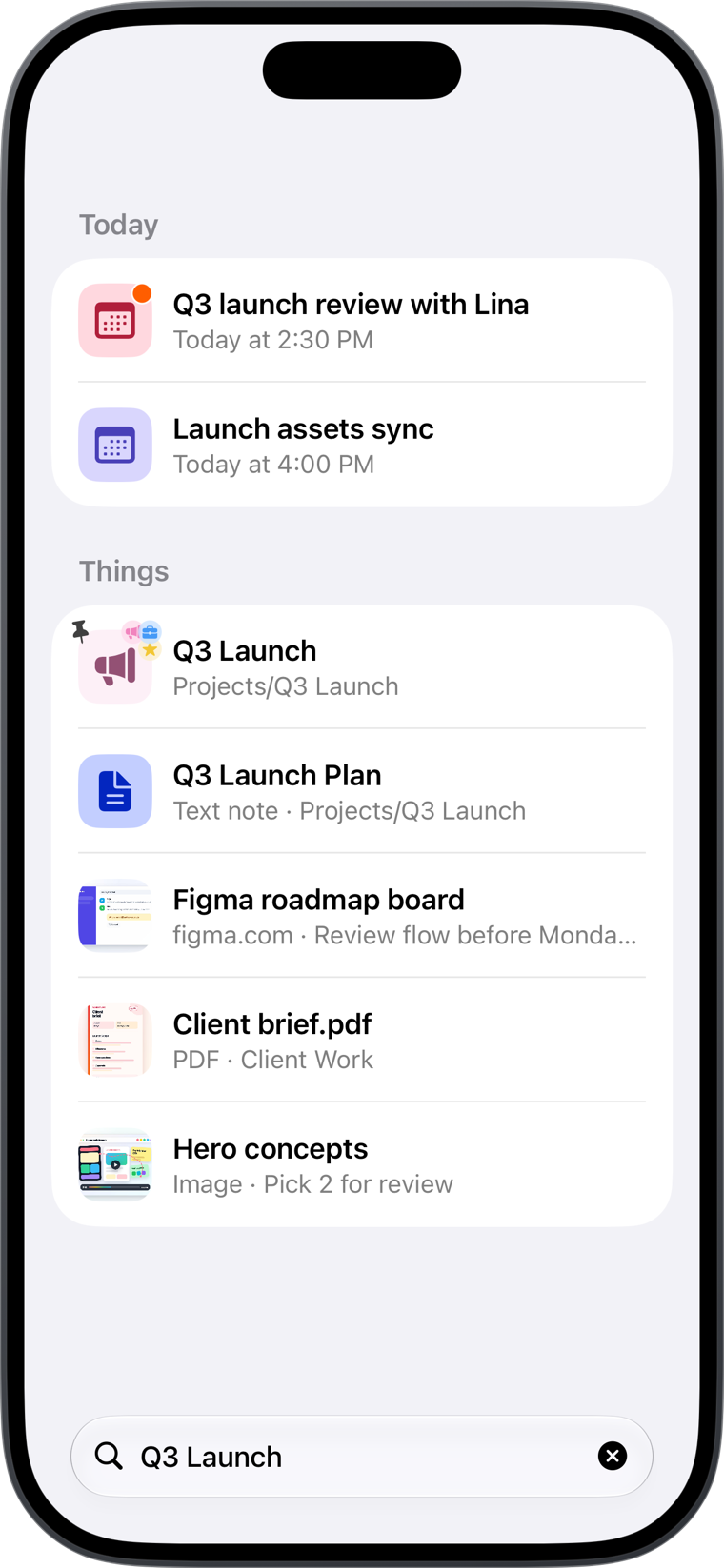 Searching across events and saved Things together